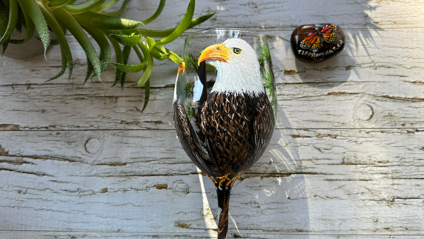 Hand Painted Eagle Family Wine Glass, Bird Lover Gift