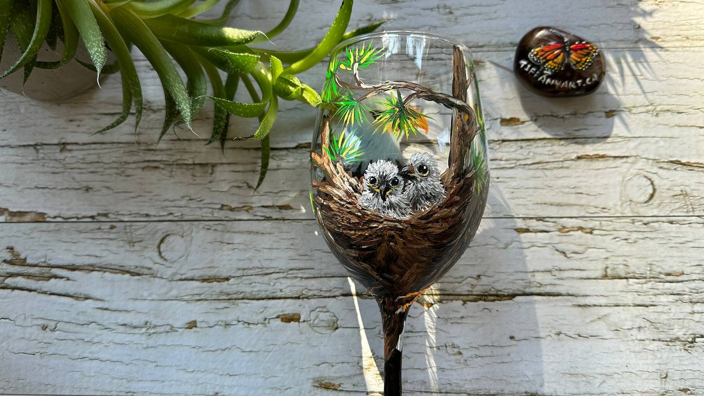 Hand Painted Eagle Family Wine Glass, Bird Lover Gift