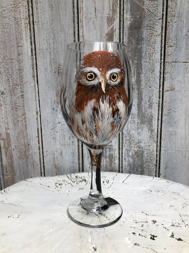 Hand Painted Barn Owl Wine Glass: Personalized Bird Lover Gift