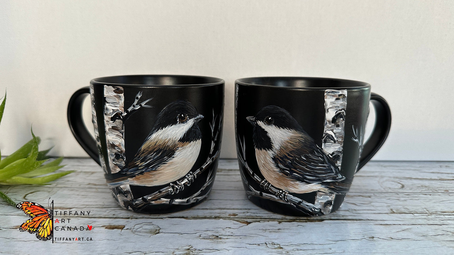 Hand Painted Chickadee Mr and Mrs Mug Set: Bird Couple Coffee Mug, Wedding Gift