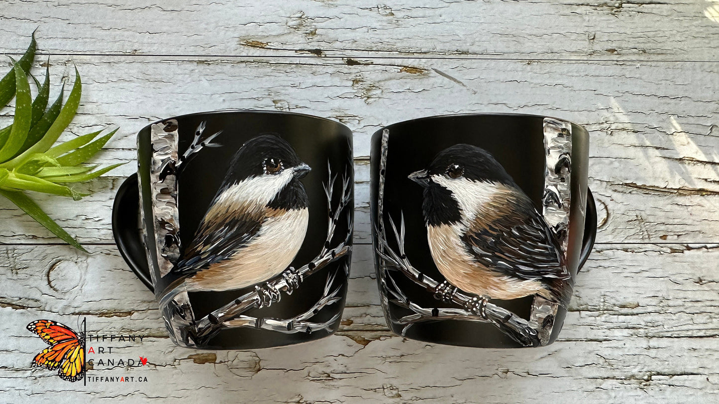 Hand Painted Chickadee Mr and Mrs Mug Set: Bird Couple Coffee Mug, Wedding Gift