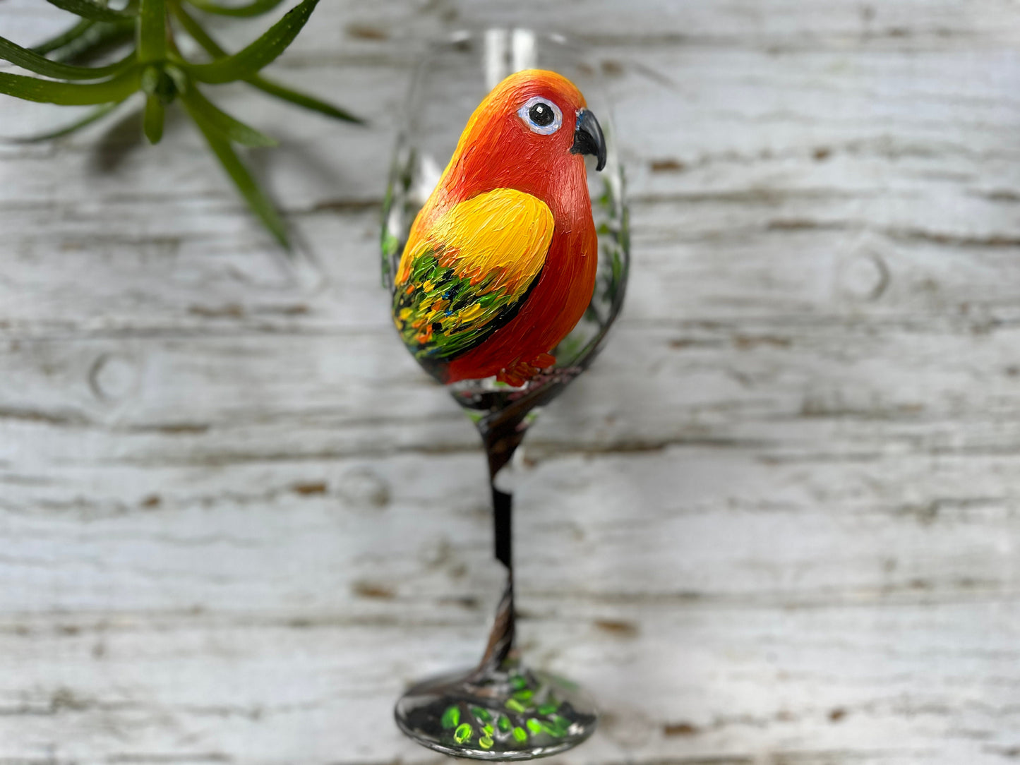 Hand Painted Sun Conure Wine Glass: Bird Lover Gift