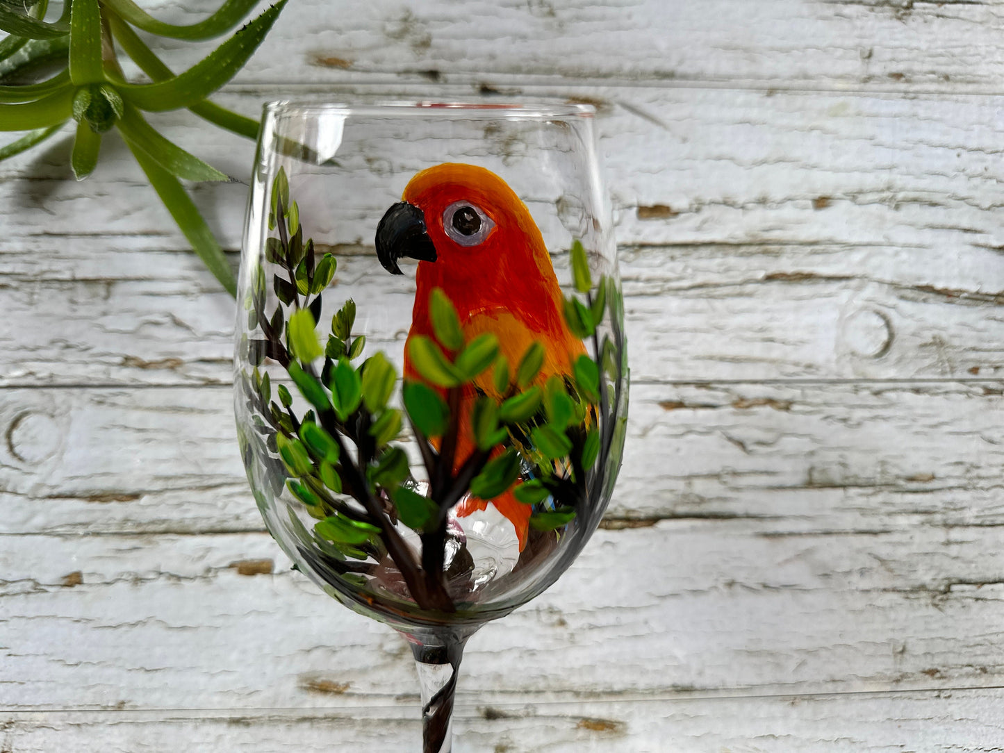 Hand Painted Sun Conure Wine Glass: Bird Lover Gift