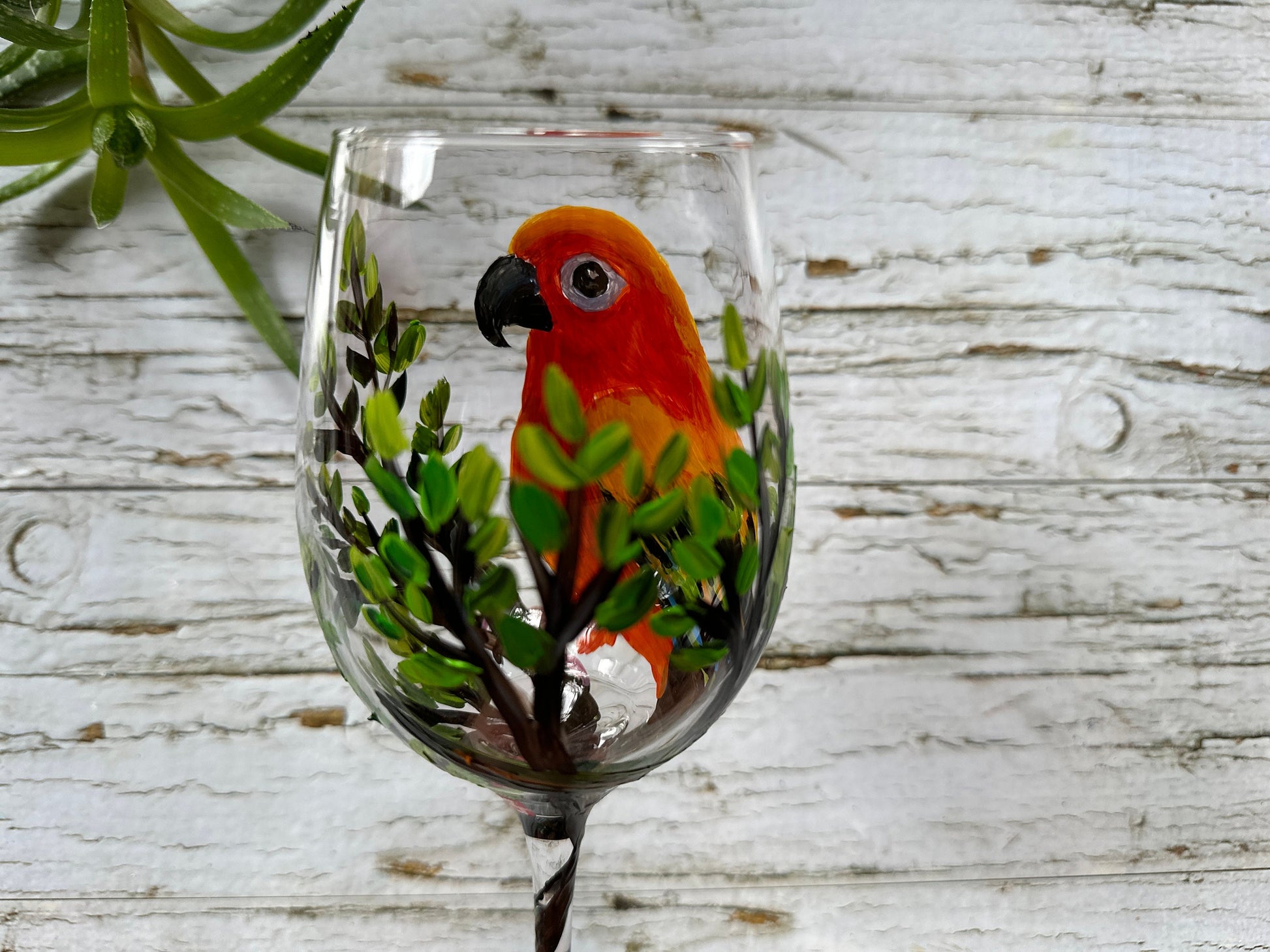 Hand Painted Sun Conure Wine Glass: Bird Lover Gift
