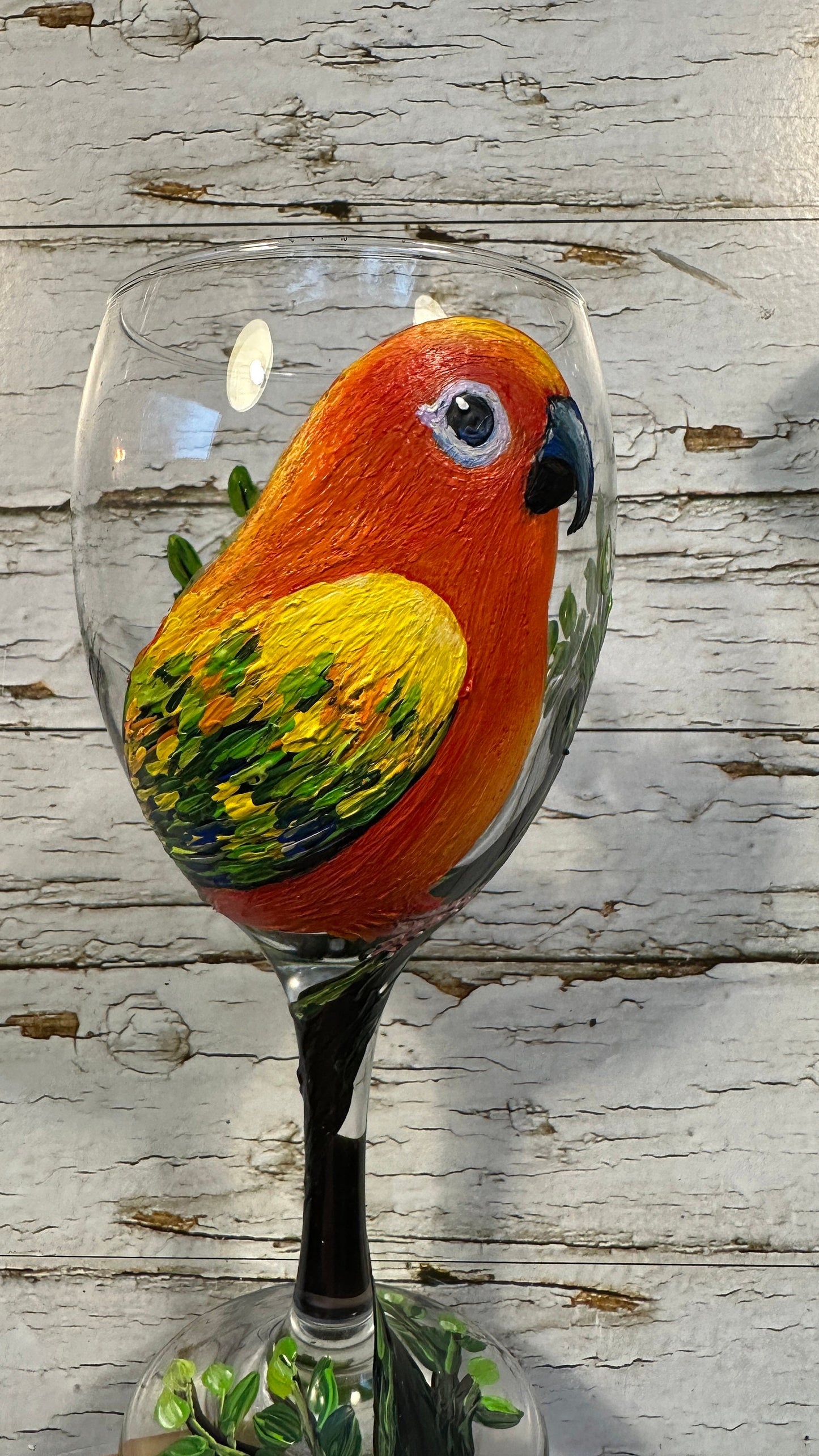 Hand Painted Sun Conure Wine Glass: Bird Lover Gift