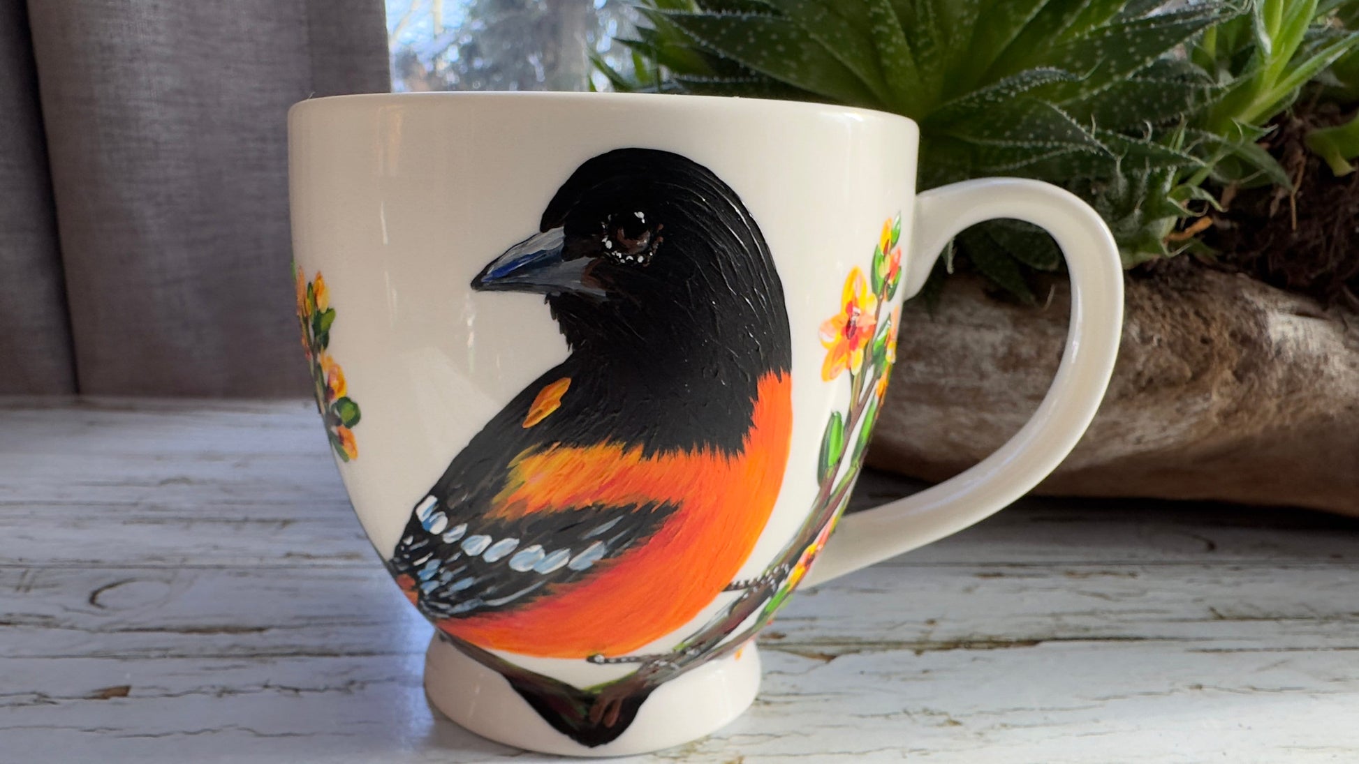 Hand-Painted Baltimore Oriole Bird Mug: Unique Bird Lover Gift