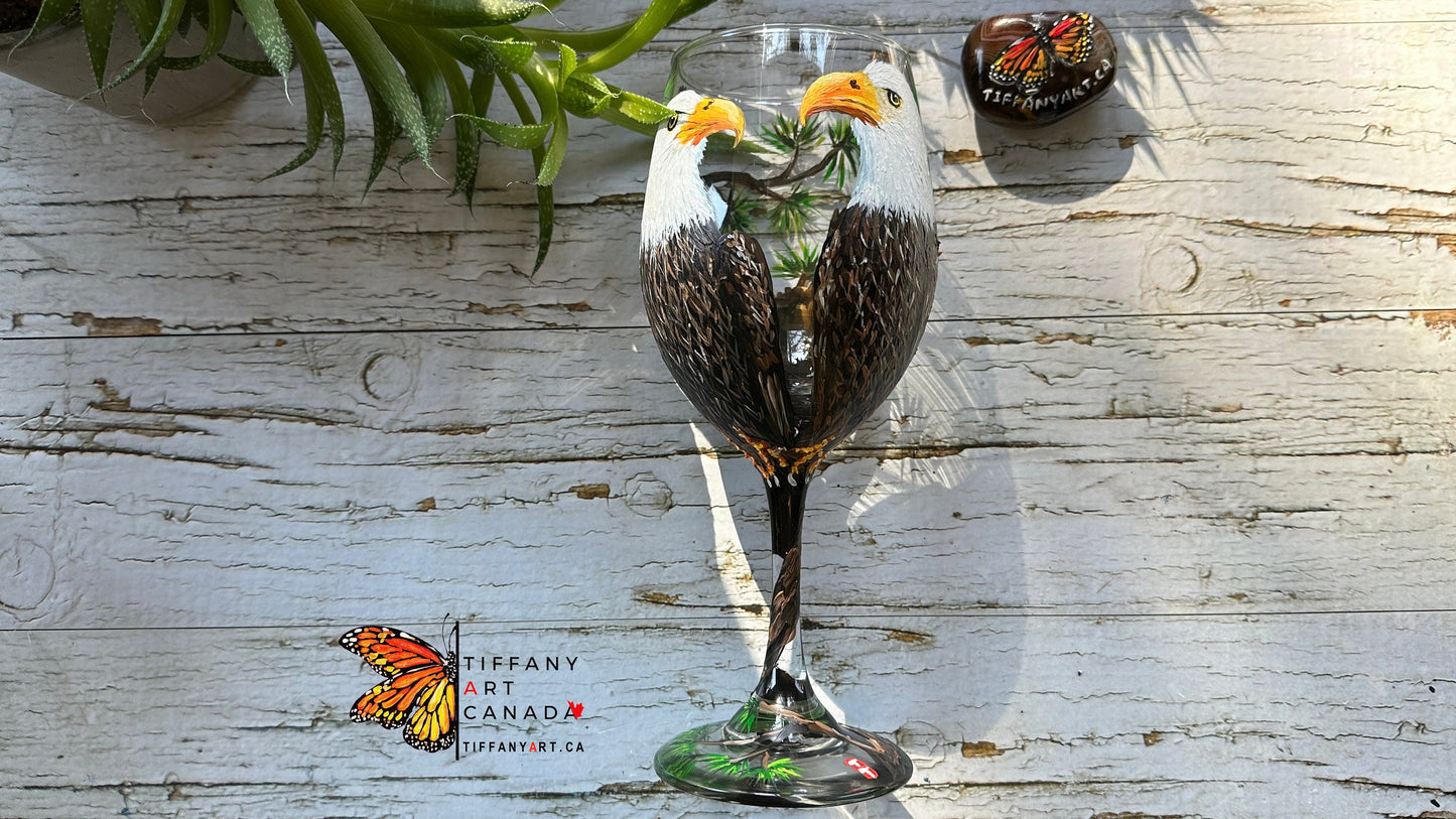 Hand Painted Eagle Family Wine Glass, Bird Lover Gift