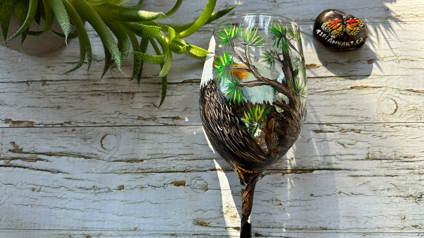 Hand Painted Eagle Family Wine Glass, Bird Lover Gift
