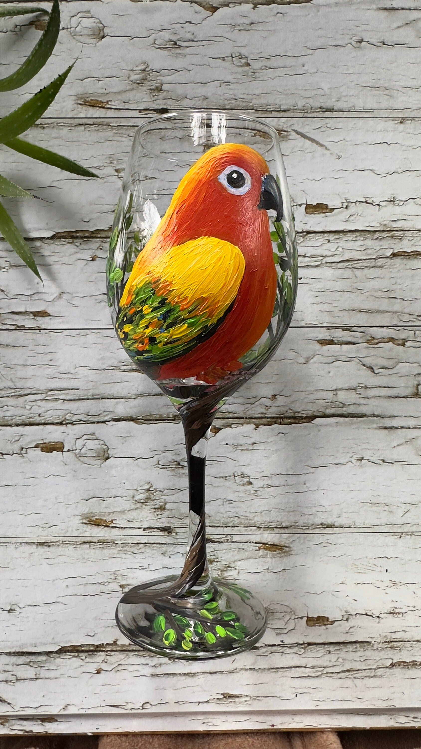 Hand Painted Sun Conure Wine Glass: Bird Lover Gift