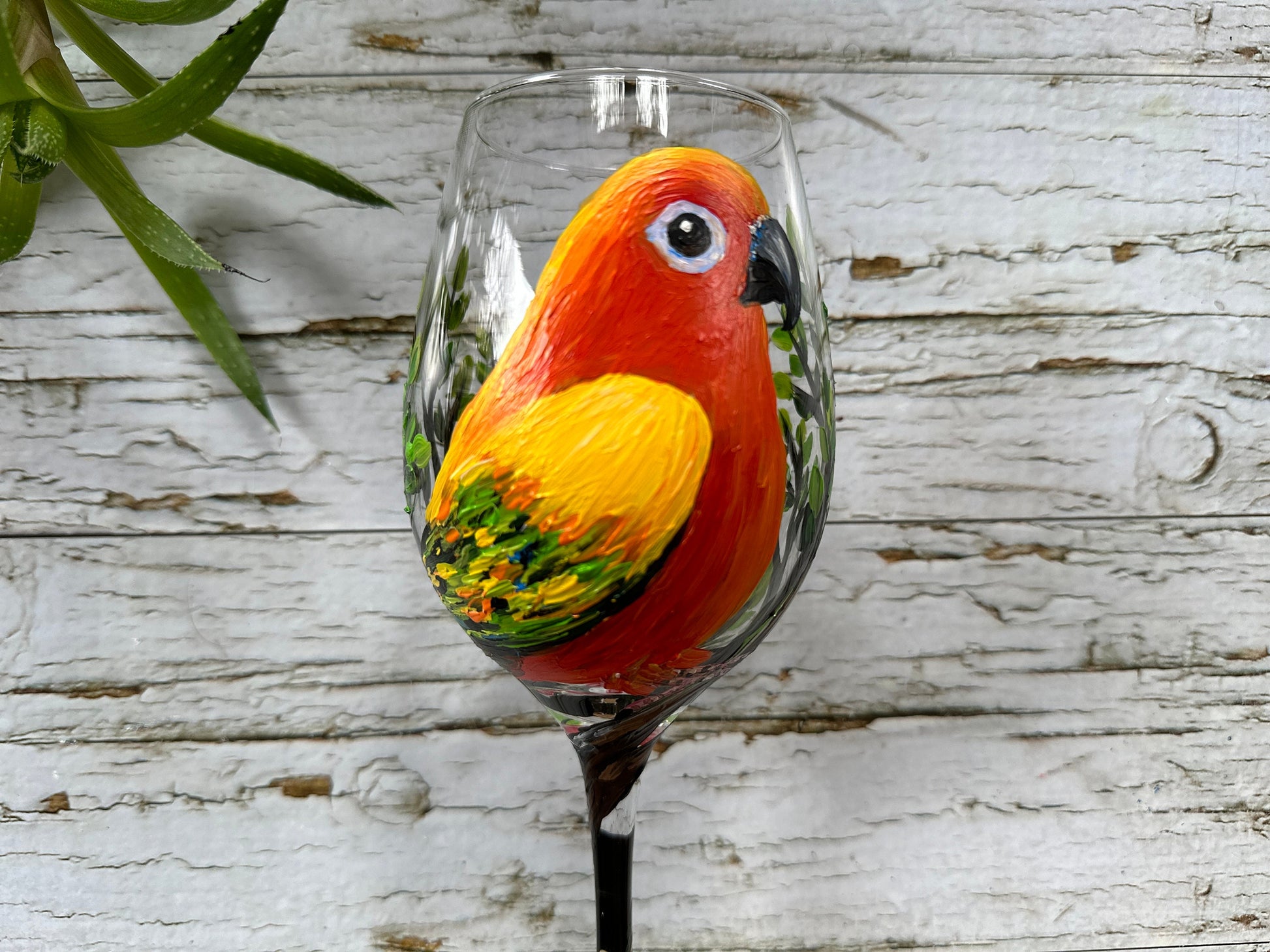 Hand Painted Sun Conure Wine Glass: Bird Lover Gift