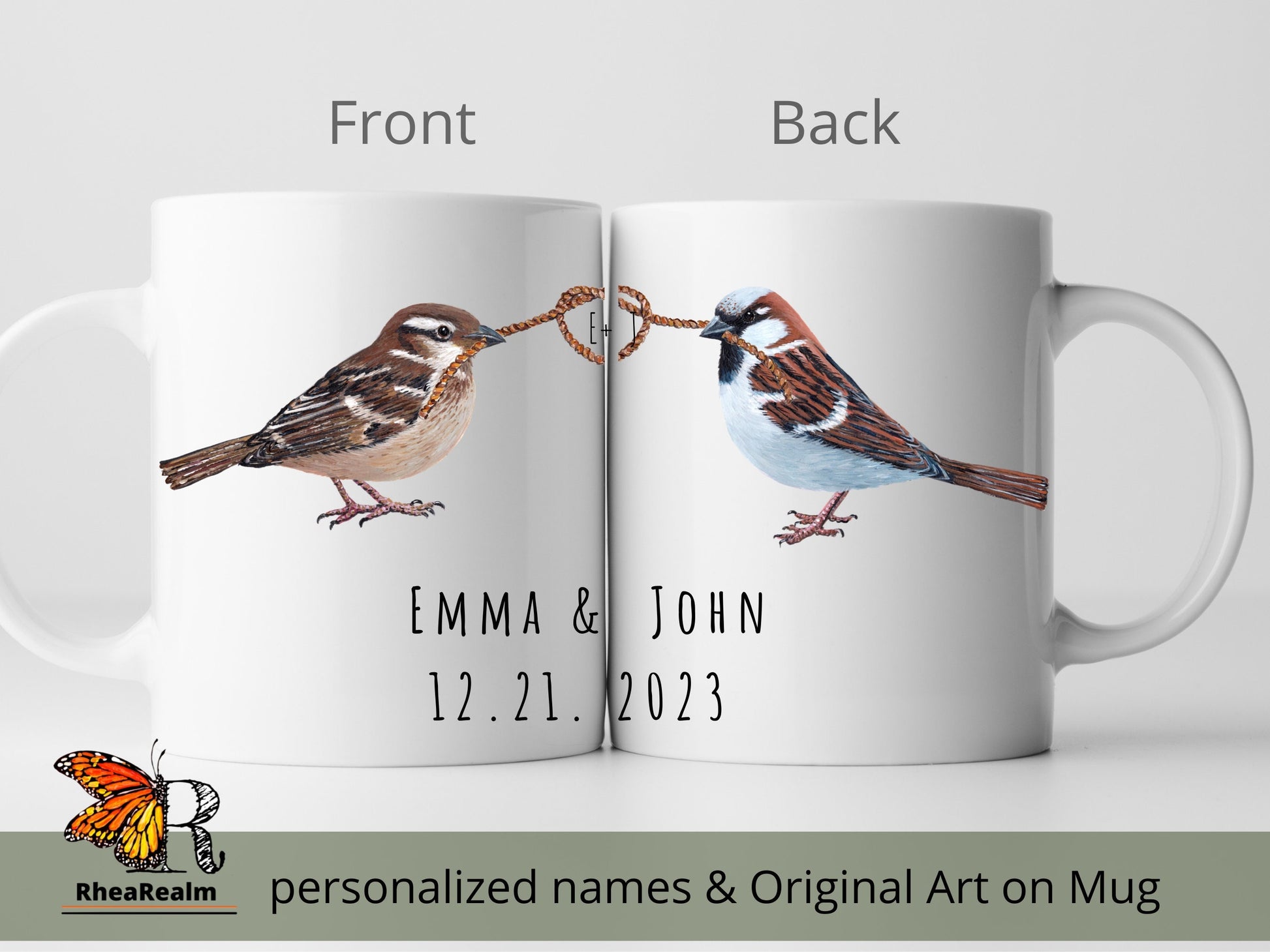 Custom Sparrow Couple Mug, Name and Heart Coffee Mug, Wedding Gift, Personalized Mugs, Engagement Gift, Bride Gift, Anniversary Gift