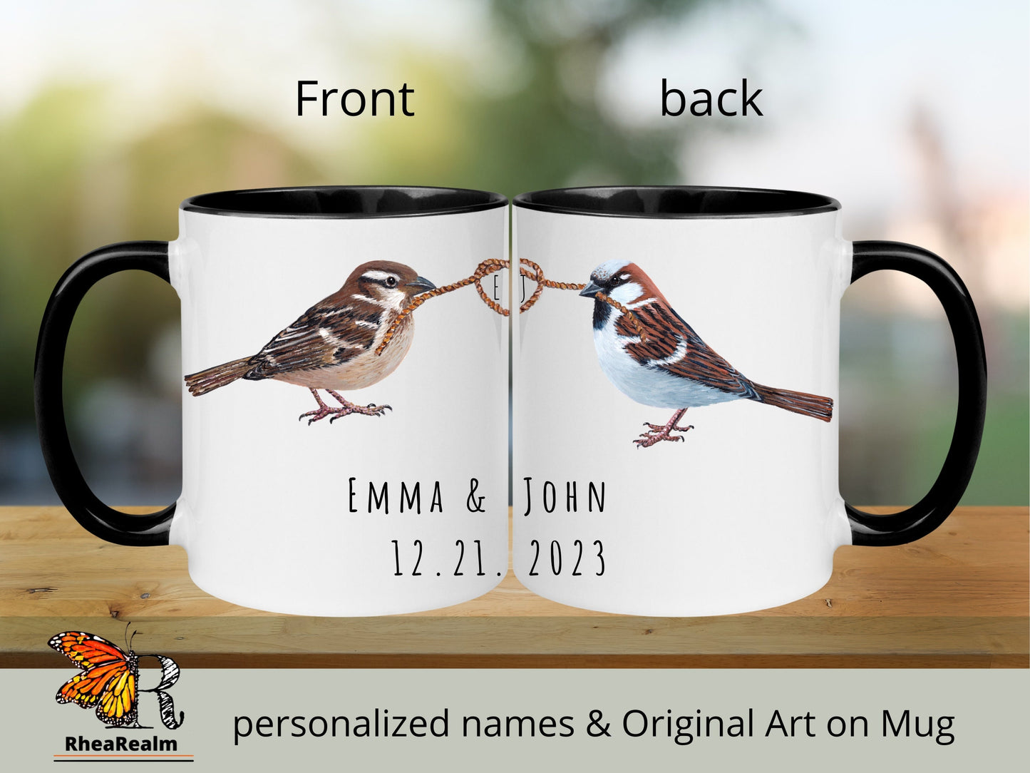 Custom Sparrow Couple Mug, Name and Heart Coffee Mug, Wedding Gift, Personalized Mugs, Engagement Gift, Bride Gift, Anniversary Gift