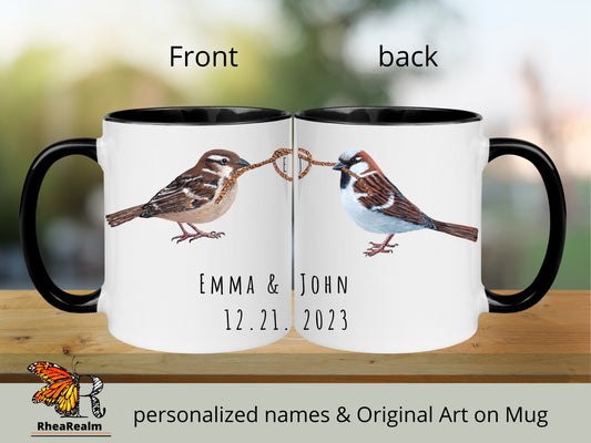 Custom Sparrow Couple Mug, Name and Heart Coffee Mug, Wedding Gift, Personalized Mugs, Engagement Gift, Bride Gift, Anniversary Gift