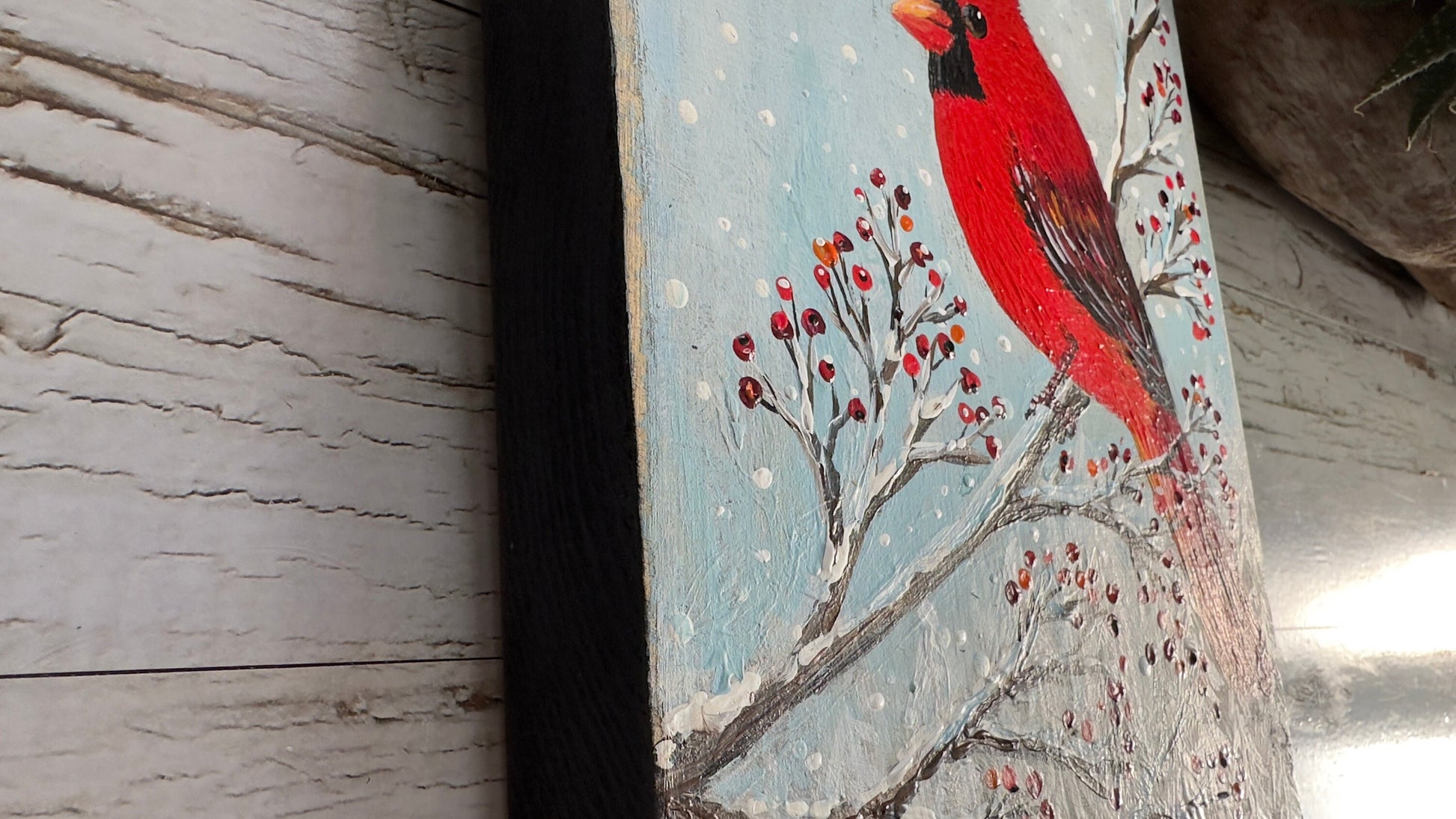 Original Cardinal Painting on Wood, Christmas Decor, 6x9"