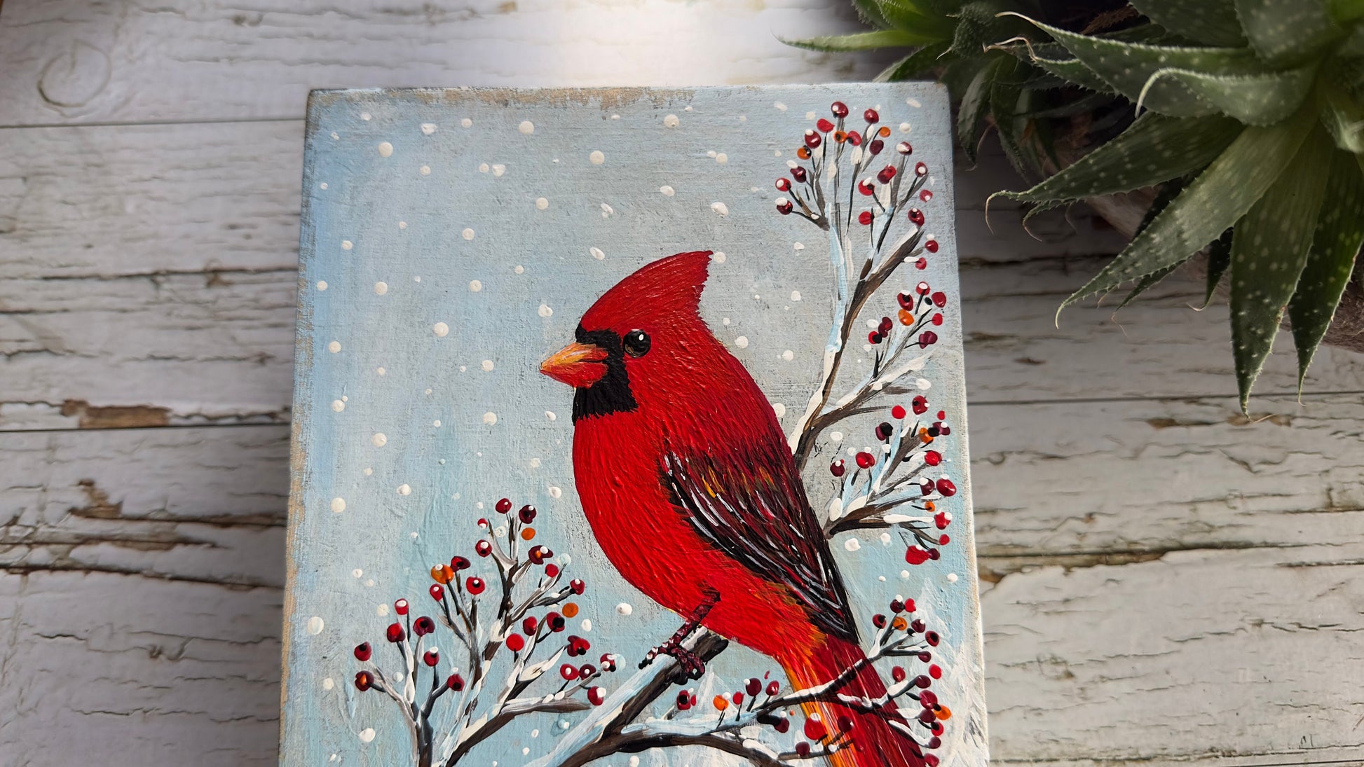 Original Cardinal Painting on Wood, Christmas Decor, 6x9"