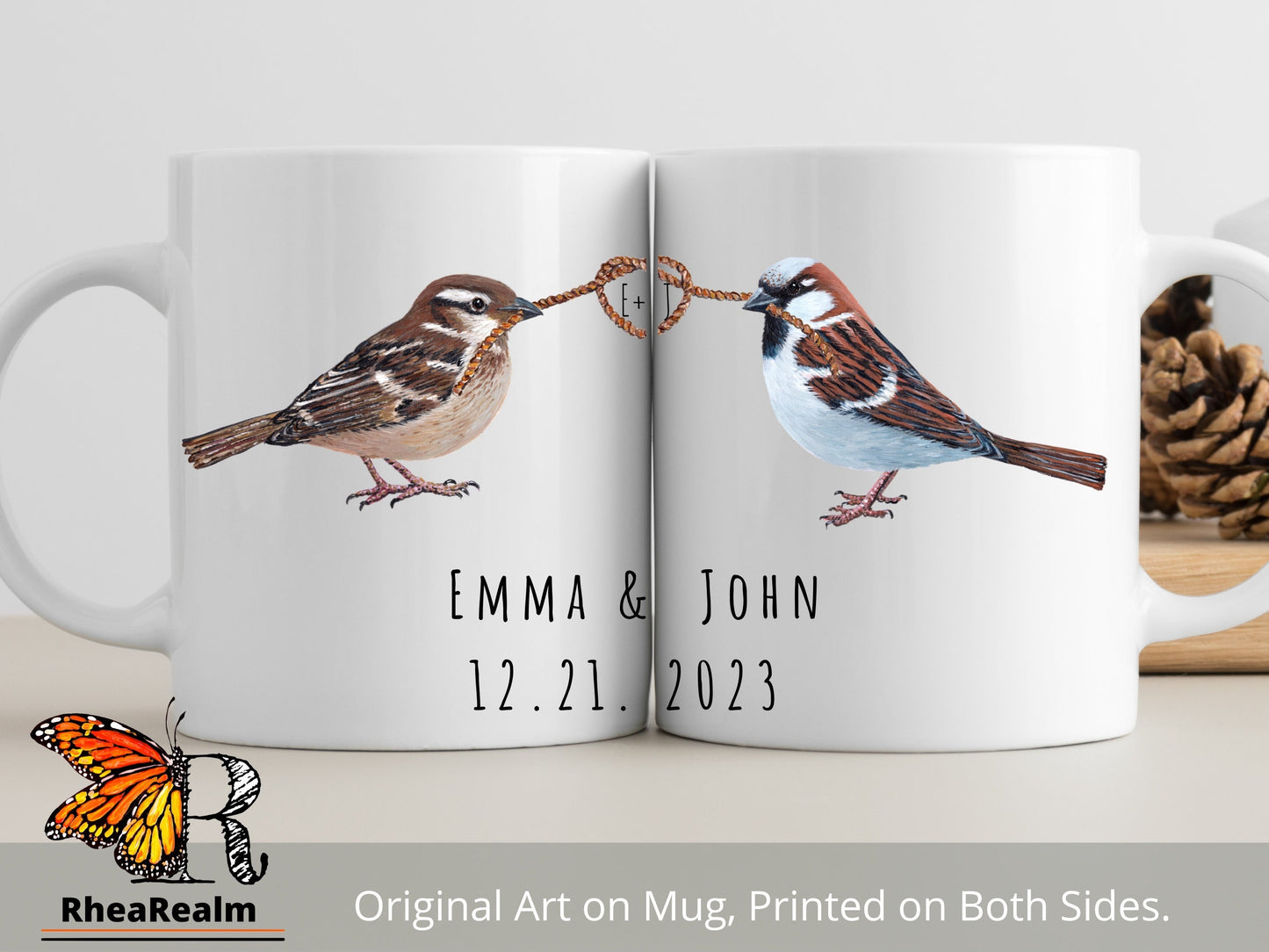 Custom Sparrow Couple Mug, Name and Heart Coffee Mug, Wedding Gift, Personalized Mugs, Engagement Gift, Bride Gift, Anniversary Gift
