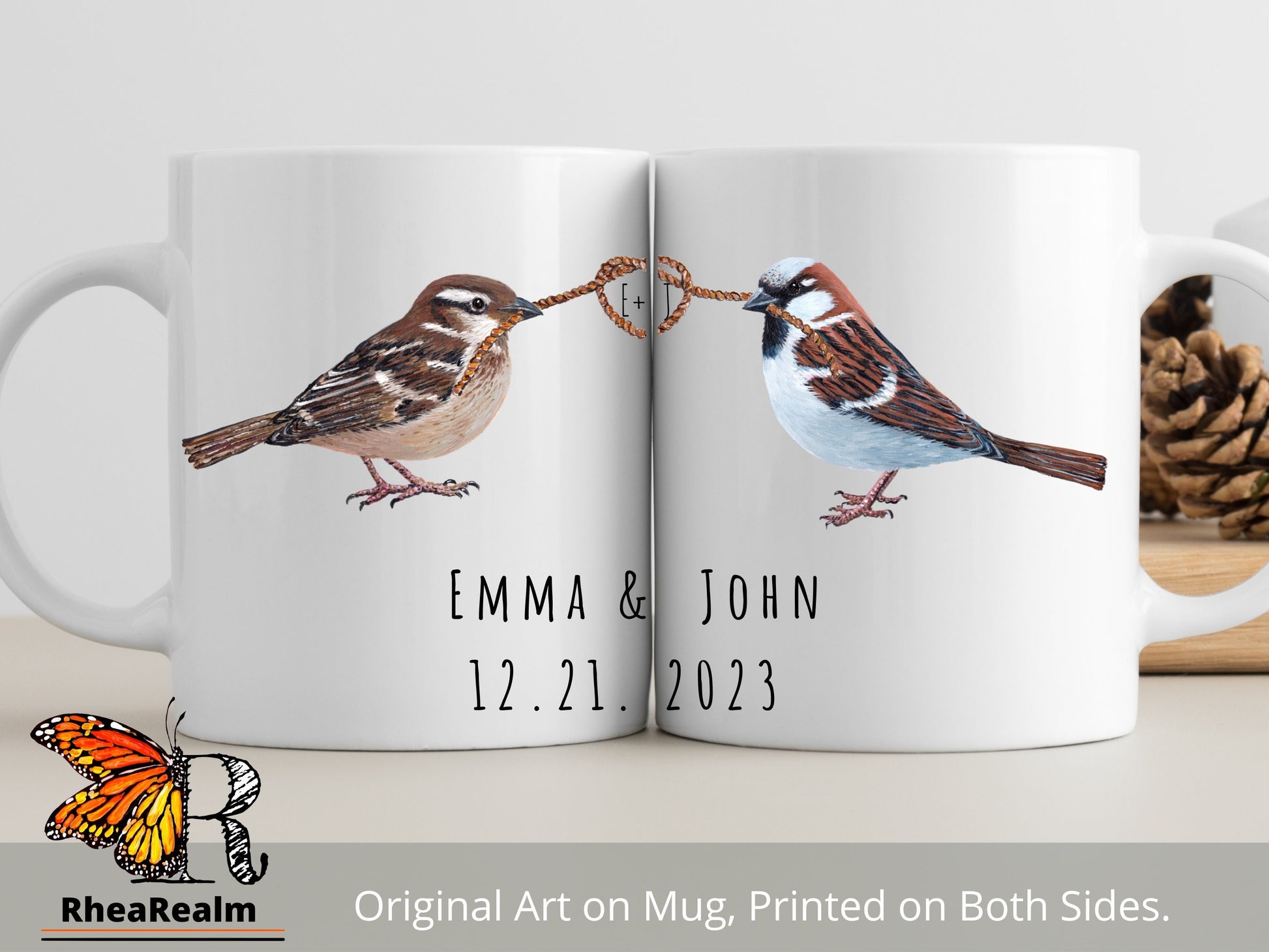 Custom Sparrow Couple Mug, Name and Heart Coffee Mug, Wedding Gift, Personalized Mugs, Engagement Gift, Bride Gift, Anniversary Gift