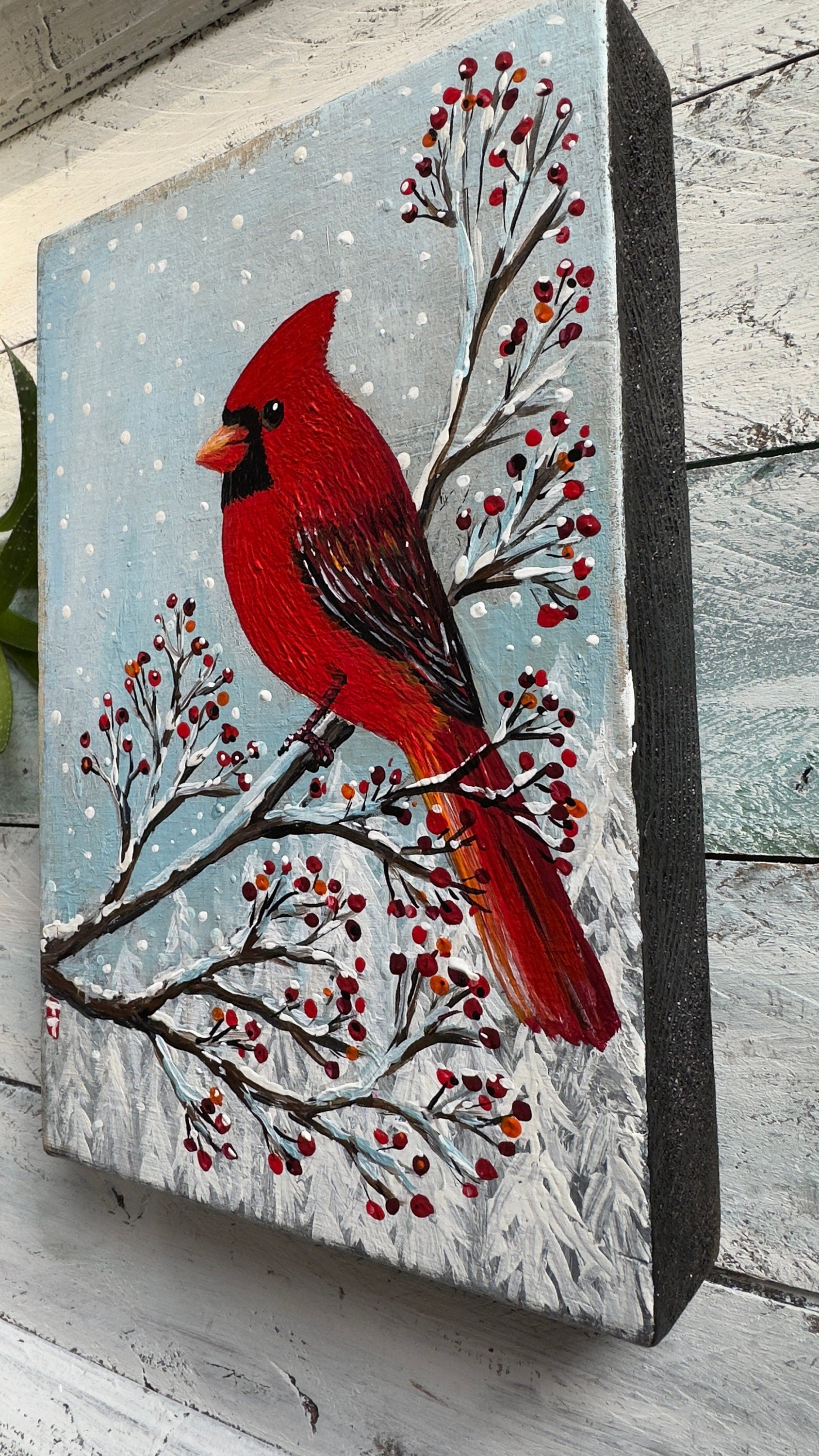 Original Cardinal Painting on Wood, Christmas Decor, 6x9"