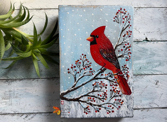 Original Cardinal Painting on Wood, Christmas Decor, 6x9"