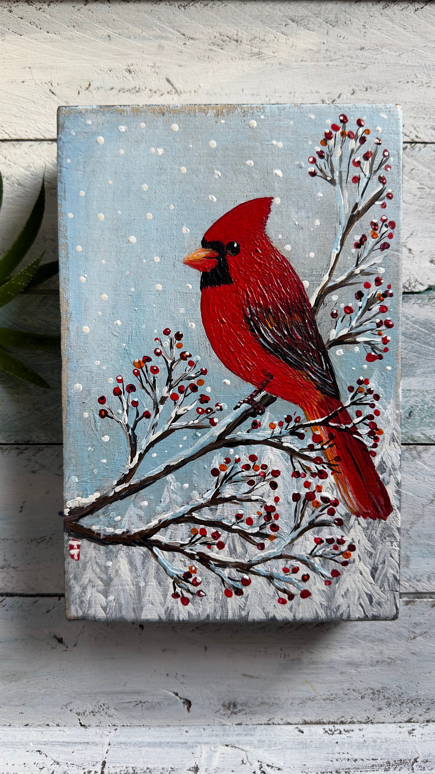 Original Cardinal Painting on Wood, Christmas Decor, 6x9"