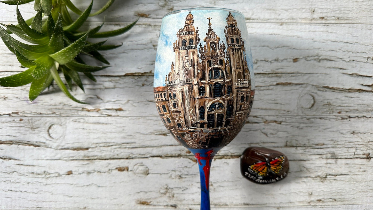 Custom Wine Glass from Your Photo, Hand Painted Wine Glass, Personalized Wine Glass With Name, Wine Lover Gift, Santiago de Compostela Art