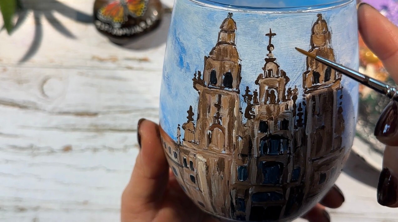 Custom Wine Glass from Your Photo, Hand Painted Wine Glass, Personalized Wine Glass With Name, Wine Lover Gift, Santiago de Compostela Art