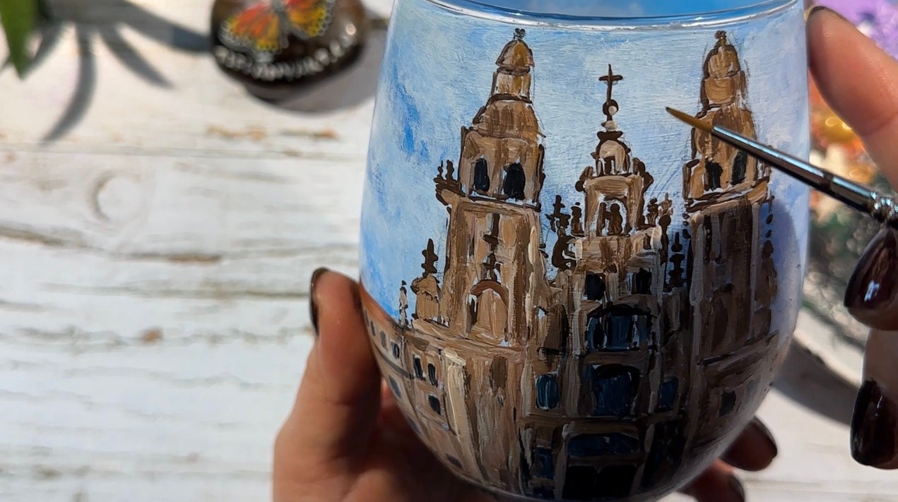 Custom Wine Glass from Your Photo, Hand Painted Wine Glass, Personalized Wine Glass With Name, Wine Lover Gift, Santiago de Compostela Art