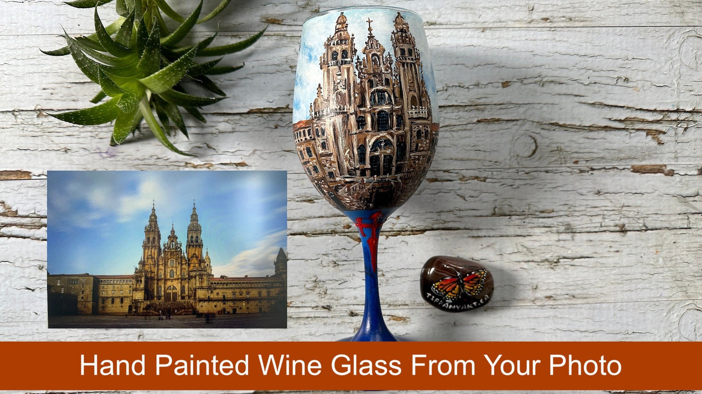 Custom Wine Glass from Your Photo, Hand Painted Wine Glass, Personalized Wine Glass With Name, Wine Lover Gift, Santiago de Compostela Art