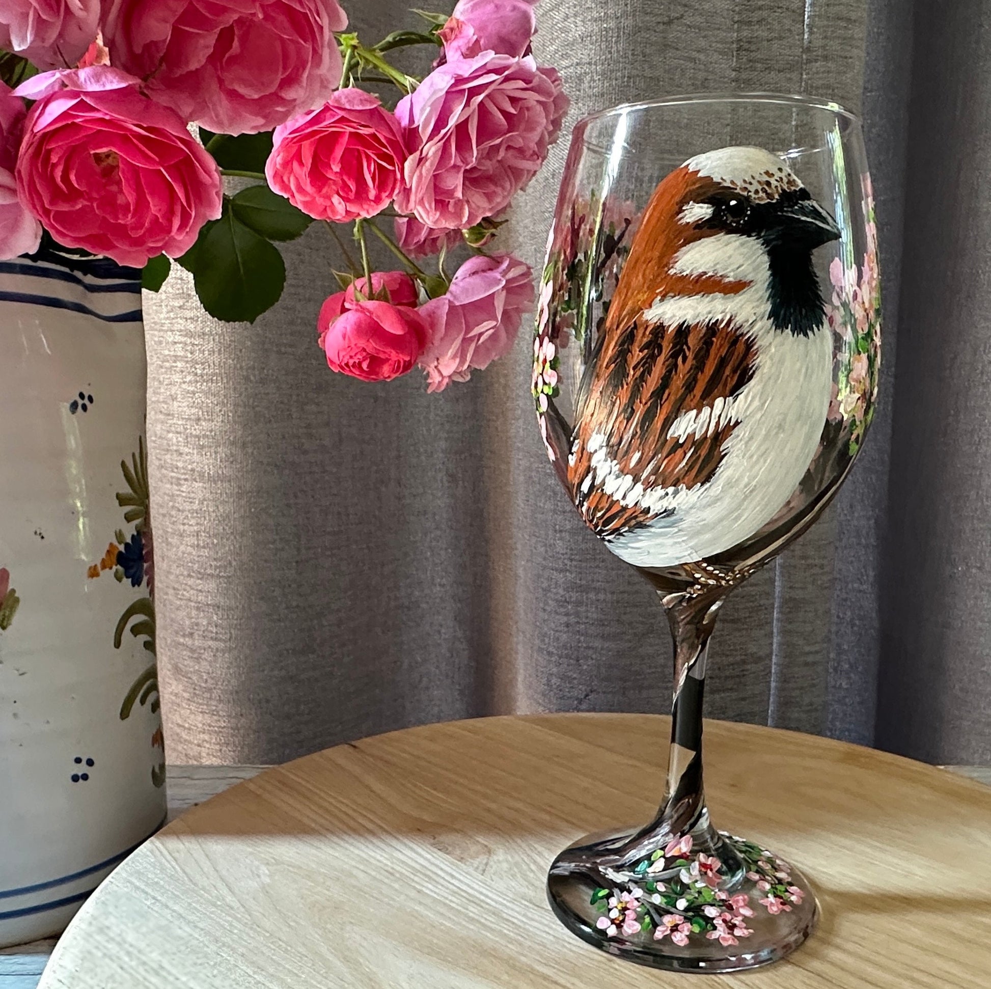 Hand-Painted House Sparrow Wine Glass: Bird Lover Gift