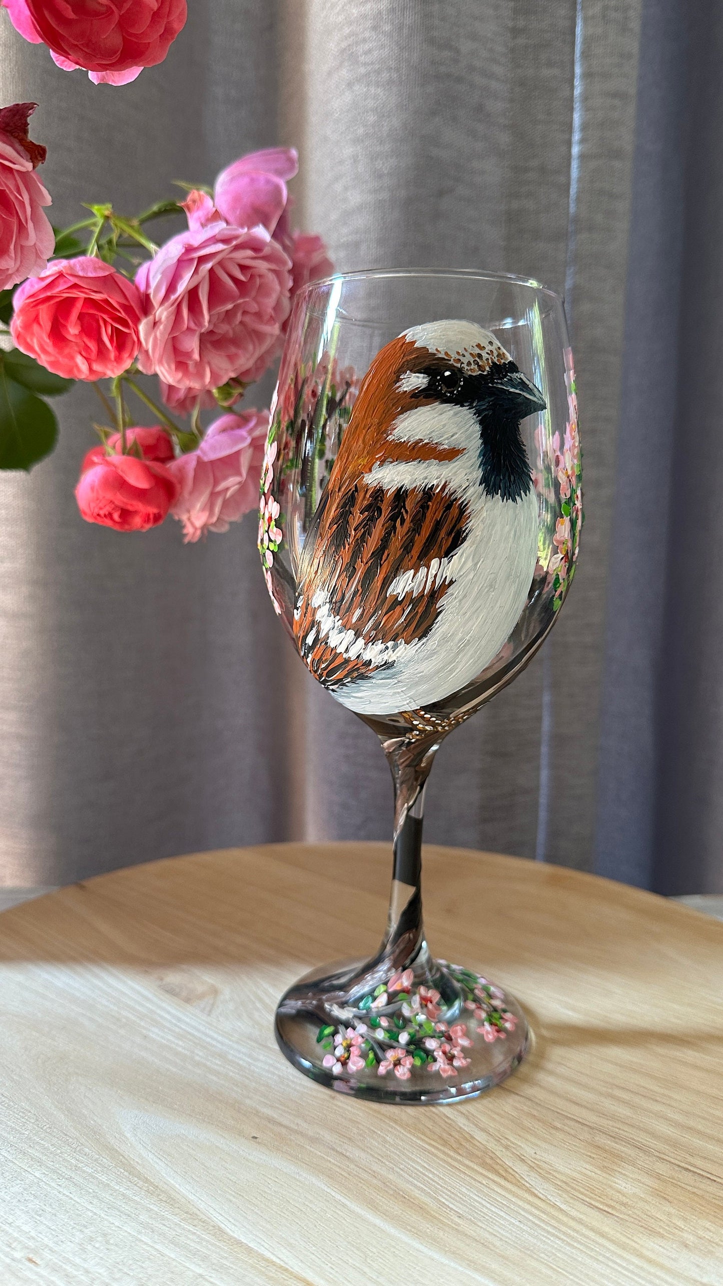 Hand-Painted House Sparrow Wine Glass: Bird Lover Gift