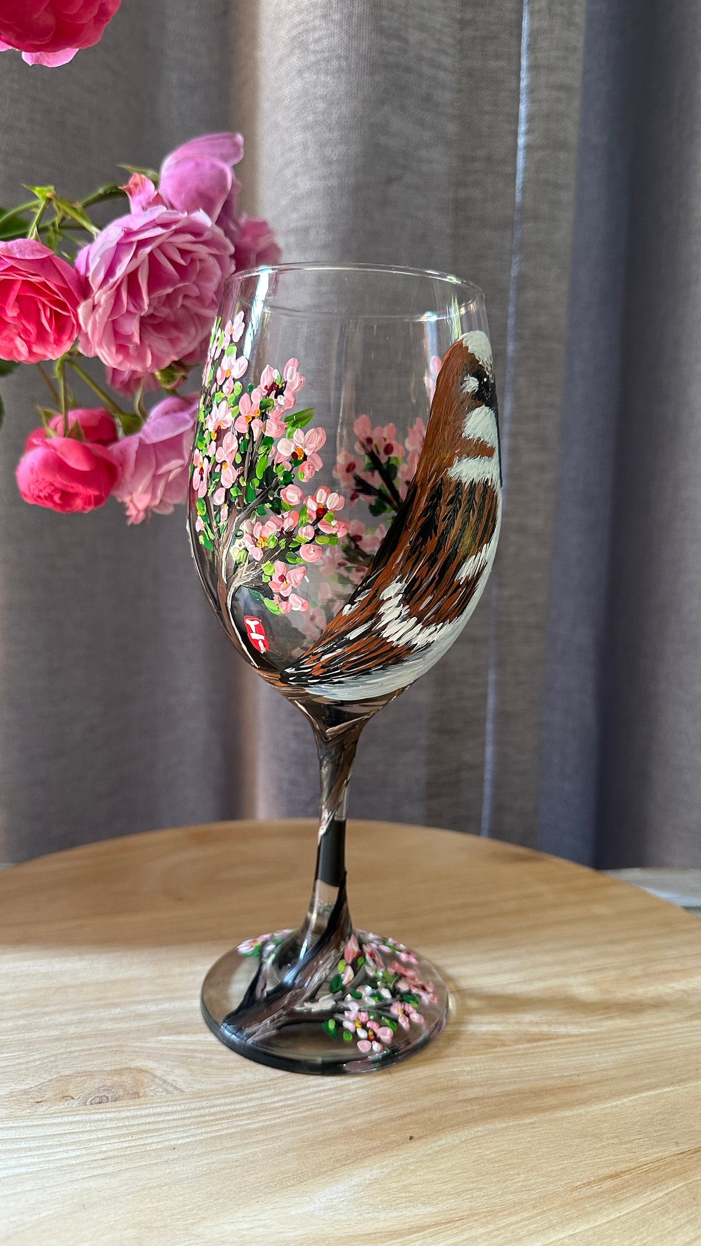 Hand-Painted House Sparrow Wine Glass: Bird Lover Gift