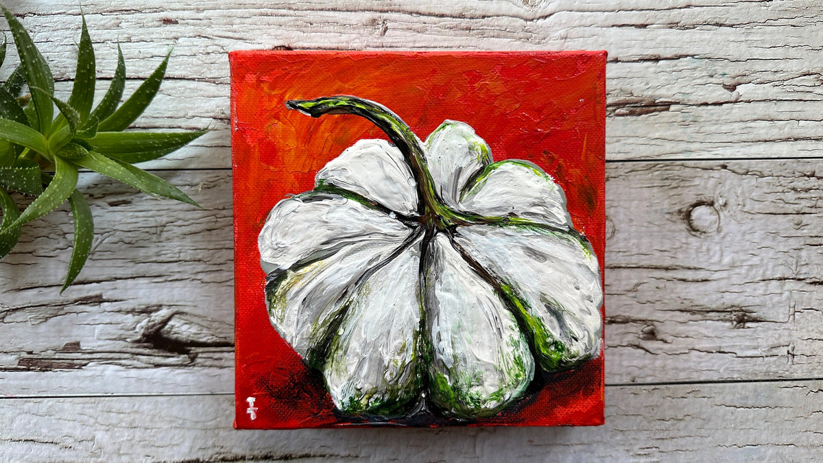 White Pumpkin Painting on Red, 6x6" Canvas