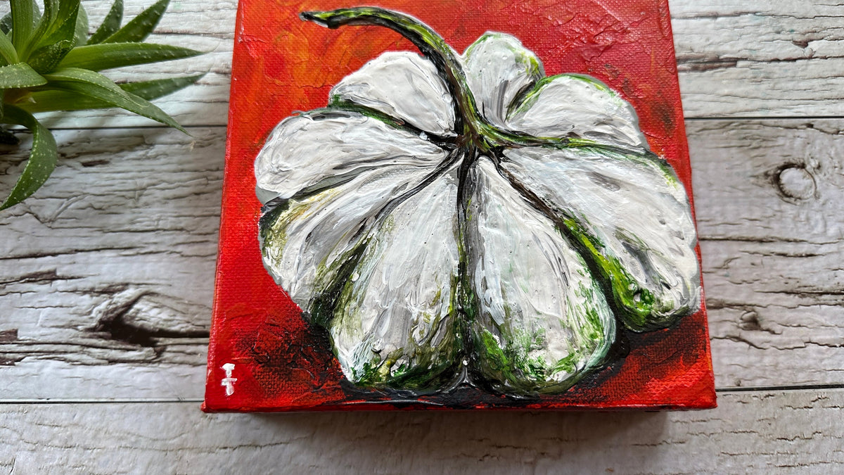 White Pumpkin Painting on Red, 6x6" Canvas