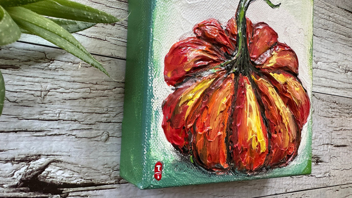 Small Orange Pumpkin Painting, 6x6" Canvas