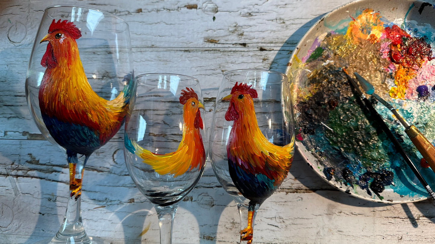 Hand Painted Rooster Wine Glass: Unique Bird Decor