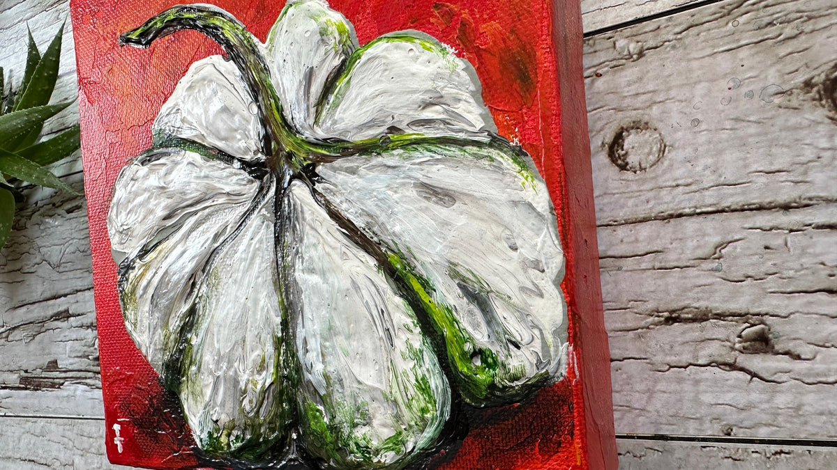 White Pumpkin Painting on Red, 6x6" Canvas