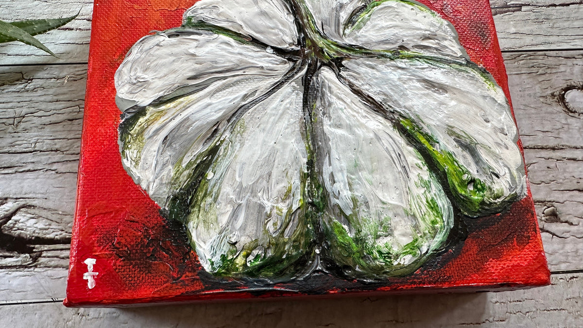 White Pumpkin Painting on Red, 6x6" Canvas