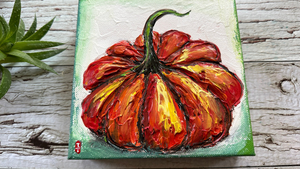 Small Orange Pumpkin Painting, 6x6" Canvas