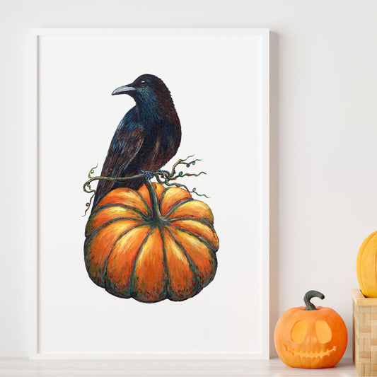 Black Crow on Pumpkin Art Print
