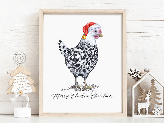 Merry Chickmas Christmas chicken in Santa hat watercolor print