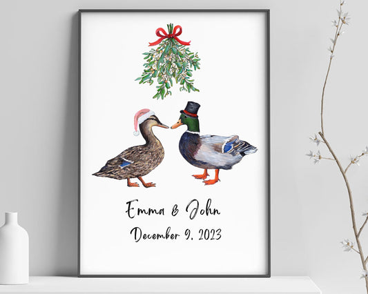 Personalized mallard duck couple under mistletoe Christmas print