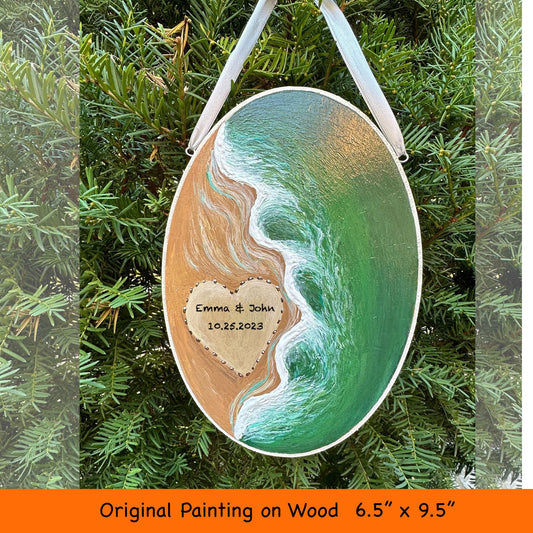 Personalized beach wedding Christmas ornament hand painted on wood