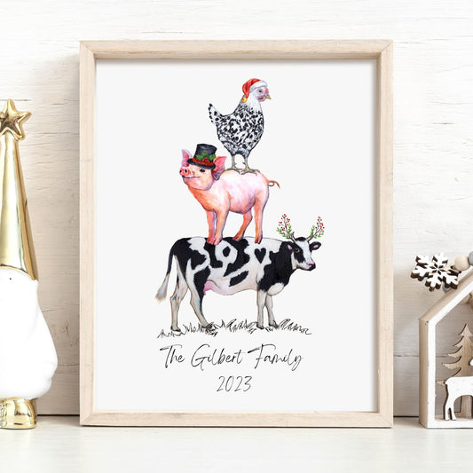 Personalized Christmas farm animals print with cow, pig and chicken