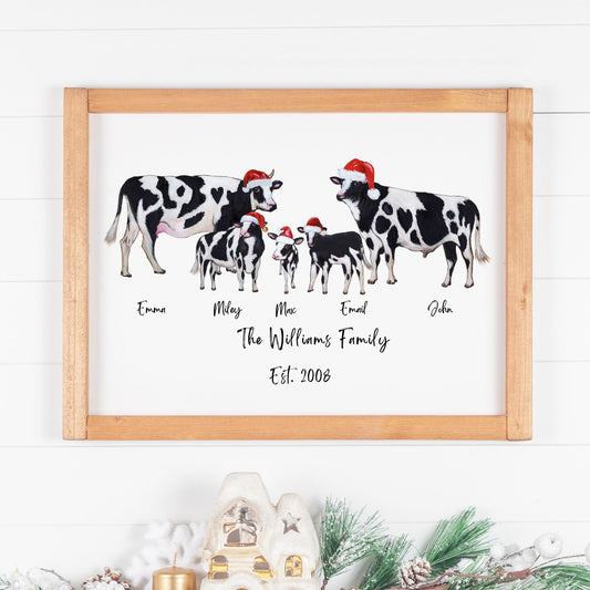 Personalized Christmas Holstein cow family print