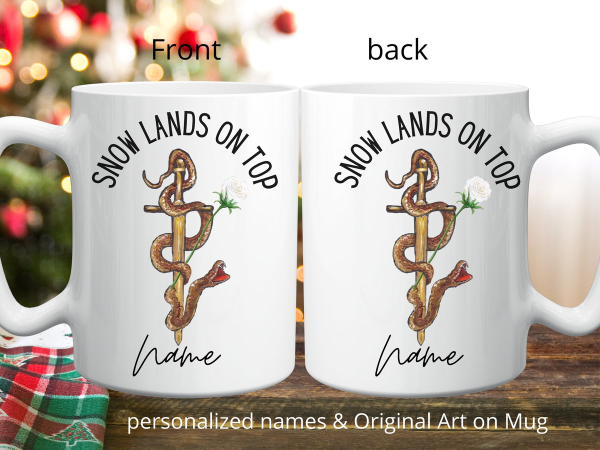Snow Lands on Top Mug, Snake Mug, The Hunger Games, President Snow, Coriolanus Snow, Snake and Rose Mug, Custom Name Mug, White Rose Mug