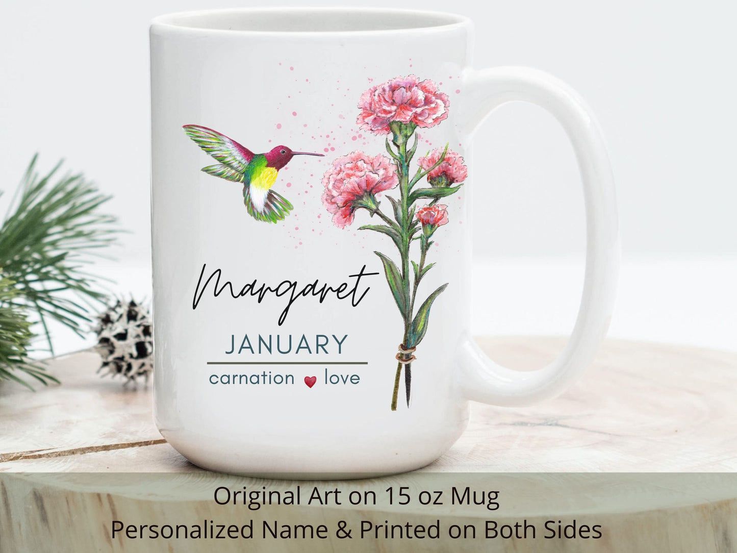 Personalized Birth Month Flower Mug: January Carnation Art