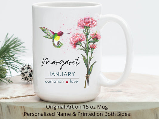Personalized Birth Month Flower Mug: January Carnation Art