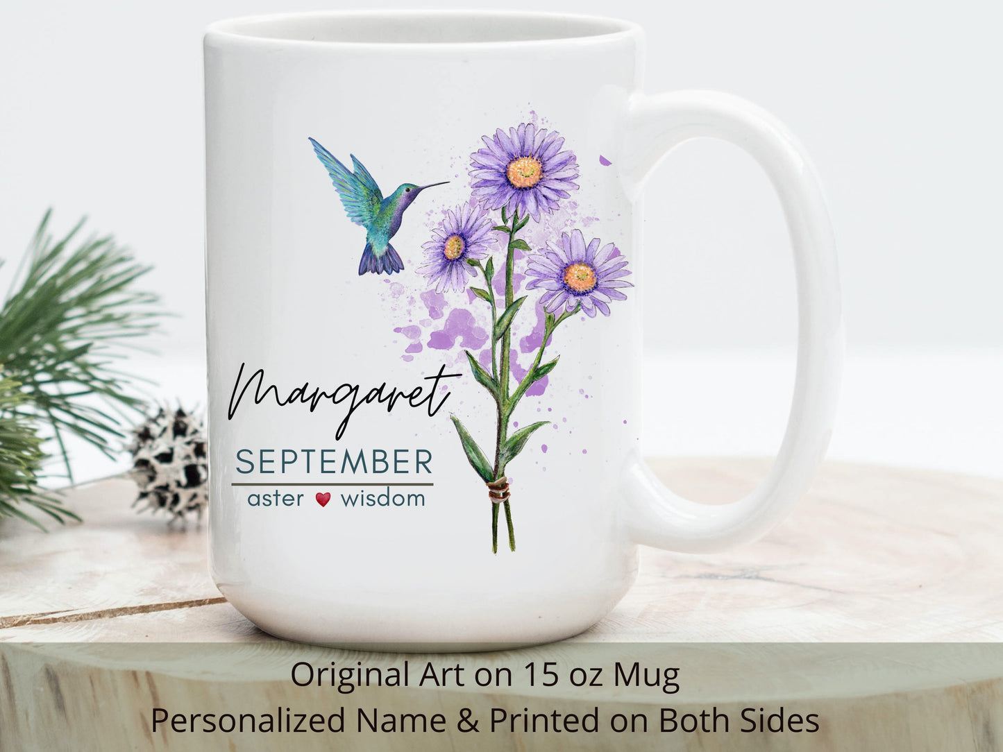 Personalized September Birth Flower Mug: Aster Floral Art