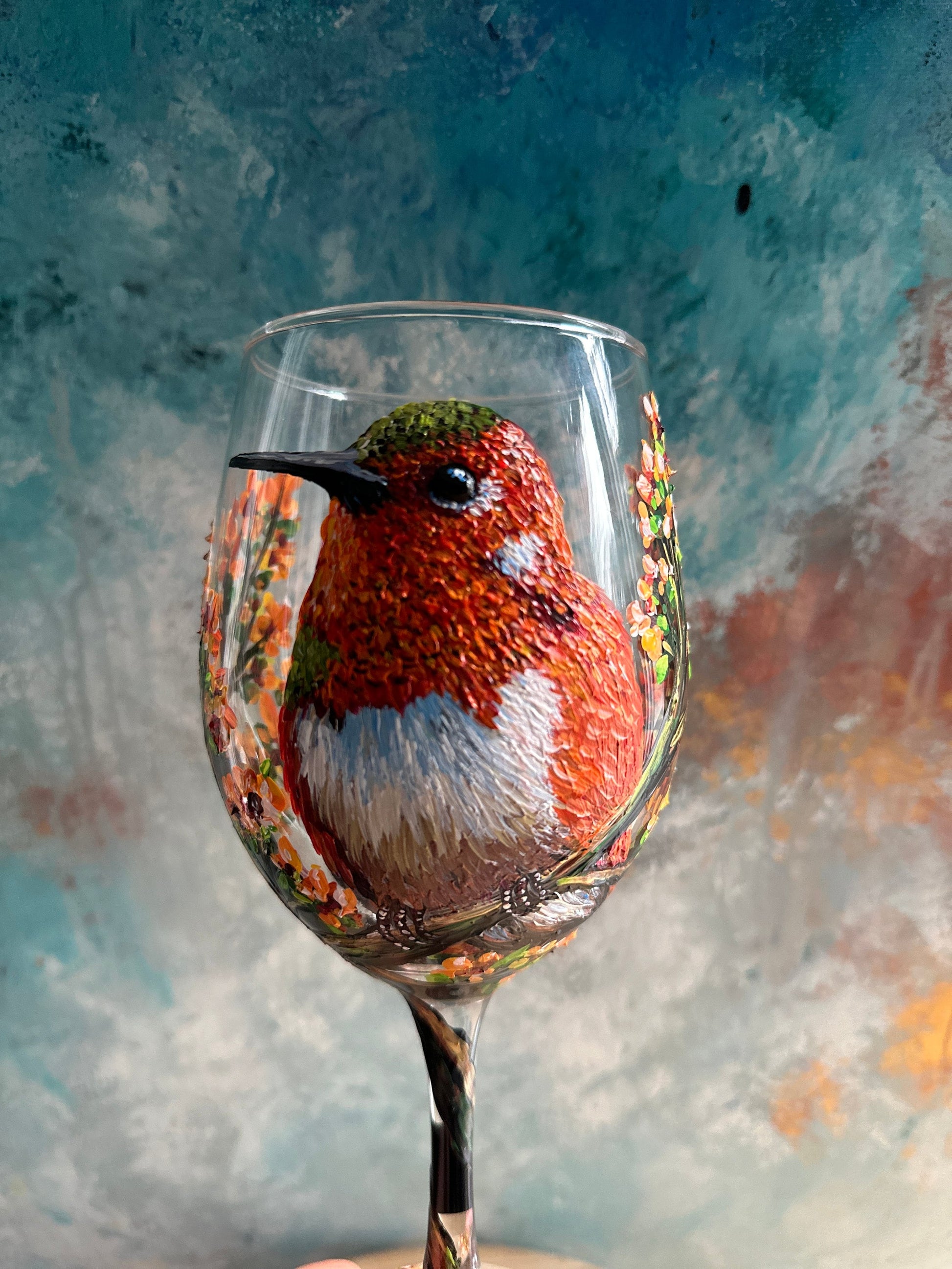 Hand-Painted Rufous Hummingbird Wine Glass: Bird Lover Gift