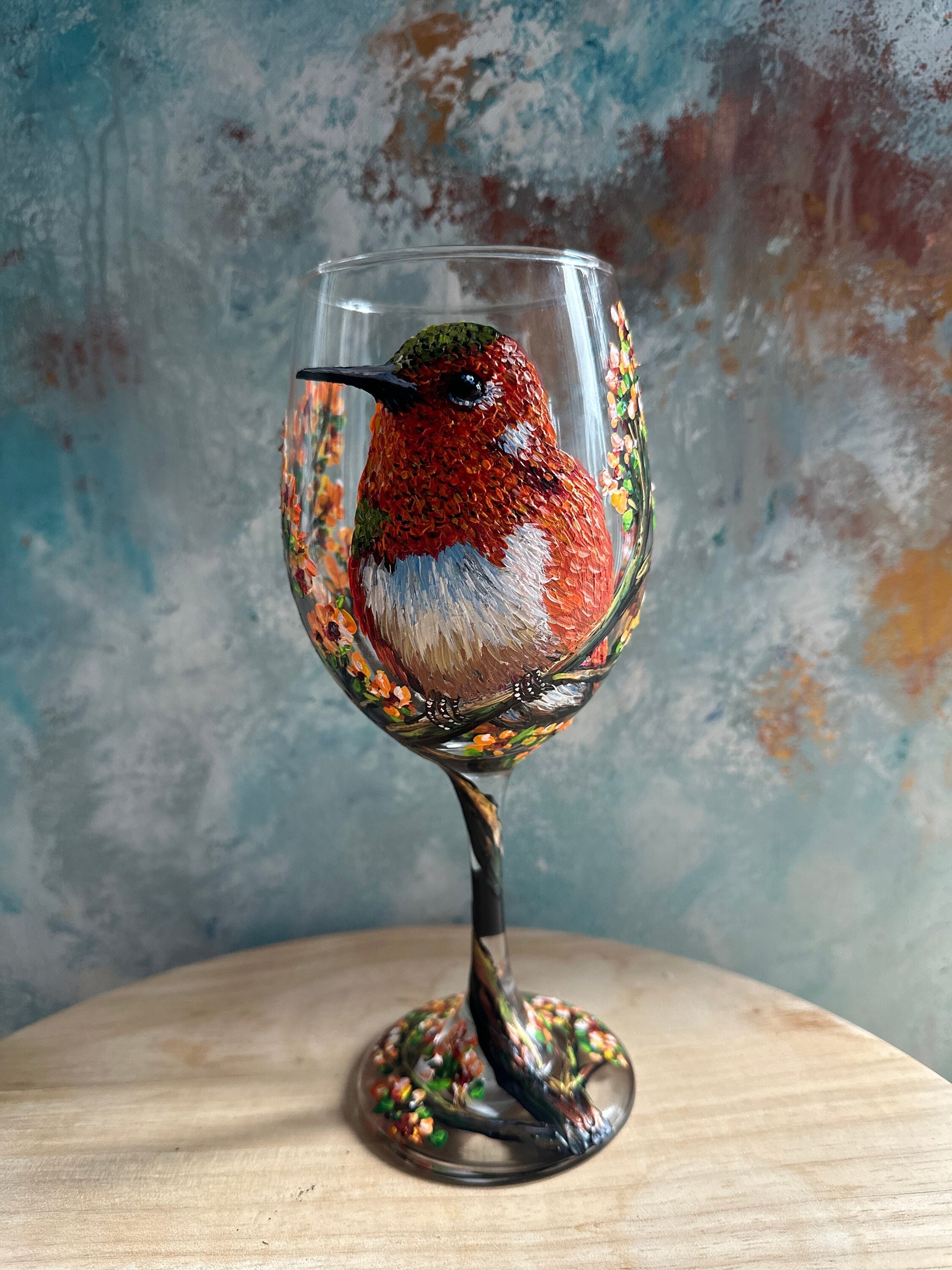 Hand-Painted Rufous Hummingbird Wine Glass: Bird Lover Gift